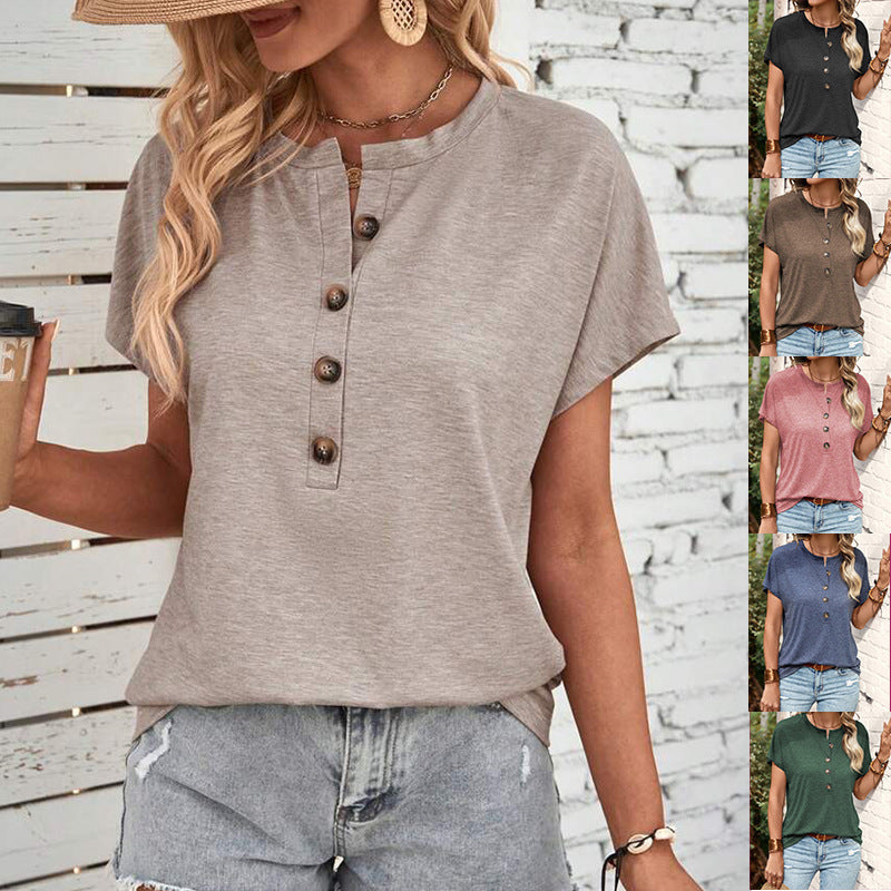 Damen Kurzarm Blusenshirt mit Knopfleiste und legerem Schnitt