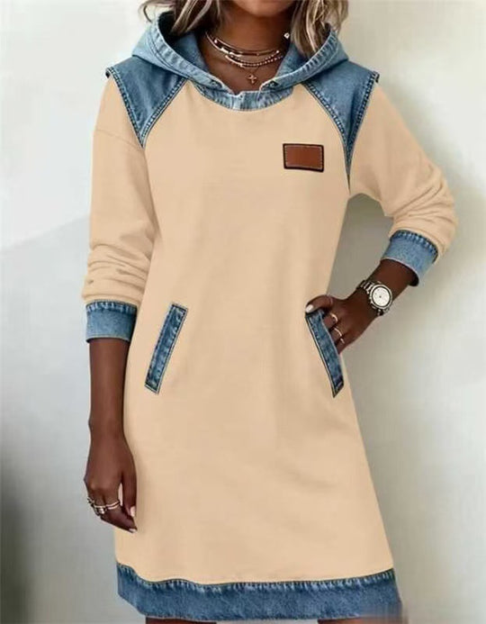 Damen nan Kapuzen-Sweatkleid mit Jeans-Applikationen, Kängurutaschen und lässigem Schnitt Shop Nory