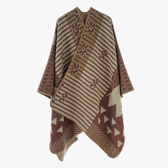 Damen Vielseitiger Strickponcho im Patchwork-Jacquard mit V-Ausschnitt und asymmetrischem Zipfelsaum Shop Nory