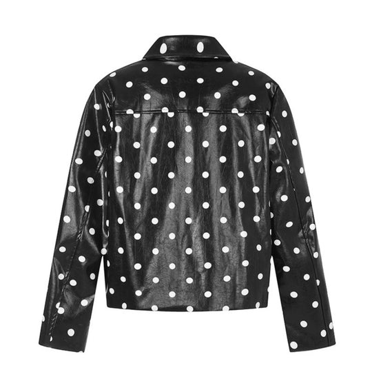 Damen Kurz geschnittene Lack‑Optik Jacke mit Polka‑Dot und Hemdkragen Shop Nory