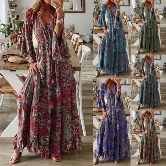 Damen Boho Maxikleid mit Paisley-Print, V-Ausschnitt, Stufenrock und Bindegürtel Shop Nory