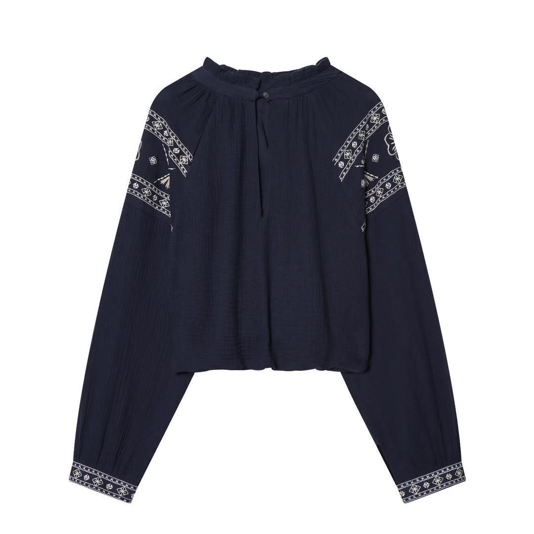 Damen nan bestickte Boho-Bluse mit gerafftem Stehkragen, Ballonärmeln und kurzem Saum Shop Nory