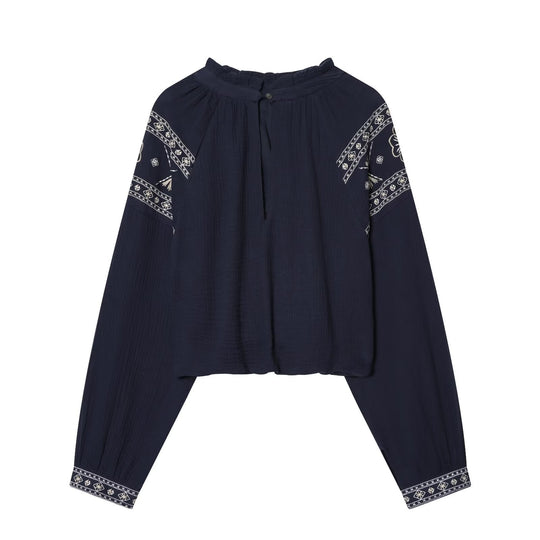 Damen nan bestickte Boho-Bluse mit gerafftem Stehkragen, Ballonärmeln und kurzem Saum Shop Nory