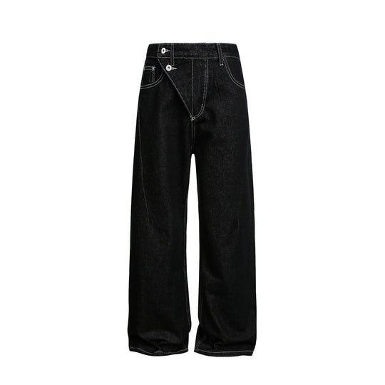 Damen Weite High-Waist Jeanshose mit asymmetrischem Knopfverschluss und Kontrastnähten Shop Nory