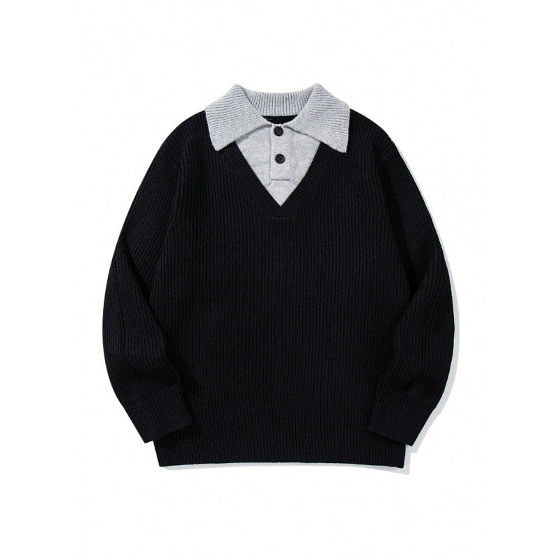 Unisex Grobstrick-Kastenpullover mit V-Ausschnitt und kontrastierendem Polo-Knopfkragen Shop Nory