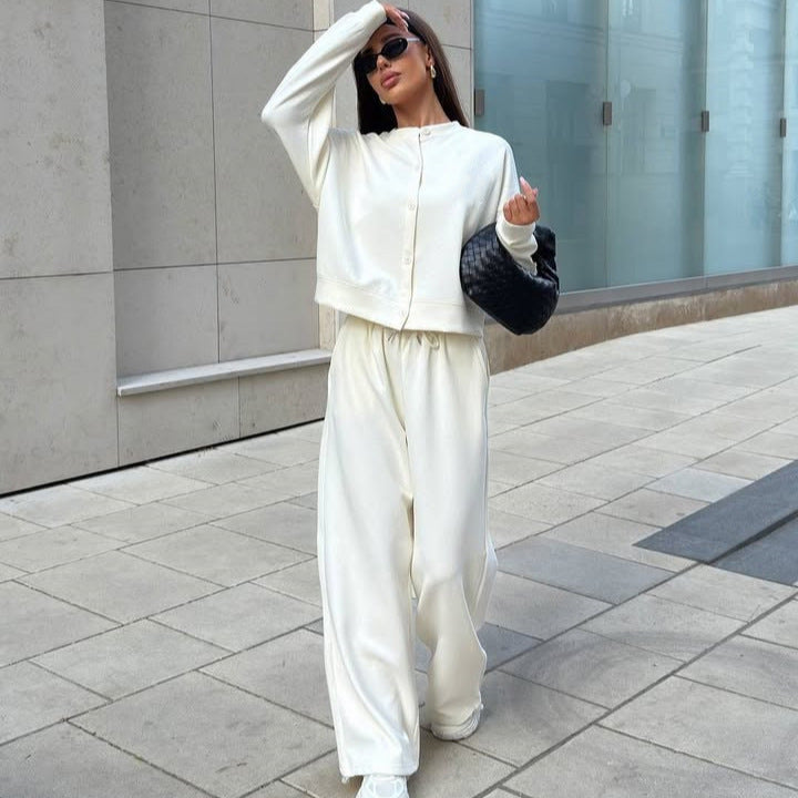 Damen Zweiteiliges Loungewear-Set mit verdeckter Druckknopf-Cardigan und weiten High-Waist Jogpants Shop Nory