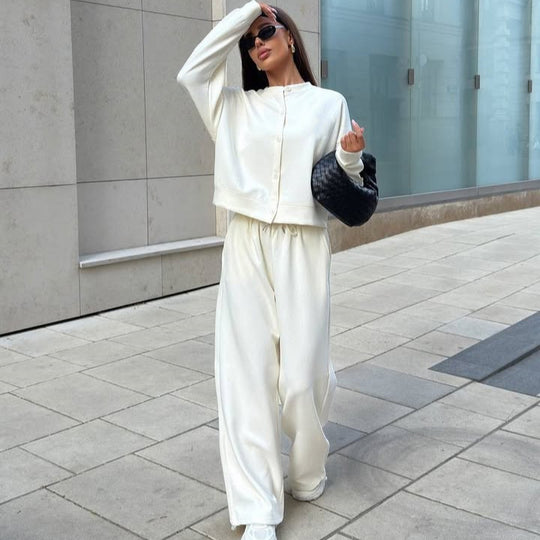 Damen Zweiteiliges Loungewear-Set mit verdeckter Druckknopf-Cardigan und weiten High-Waist Jogpants Shop Nory