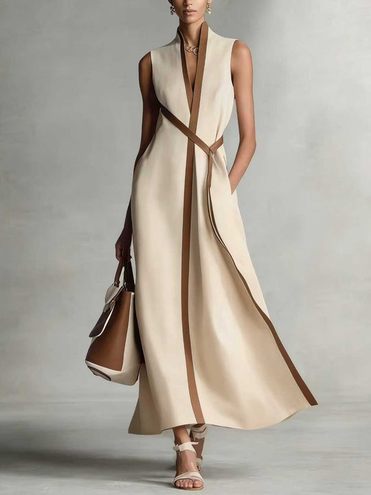 Damen elegantes Maxikleid mit Taillenschnitt und schmalem Gürtel Shopnory