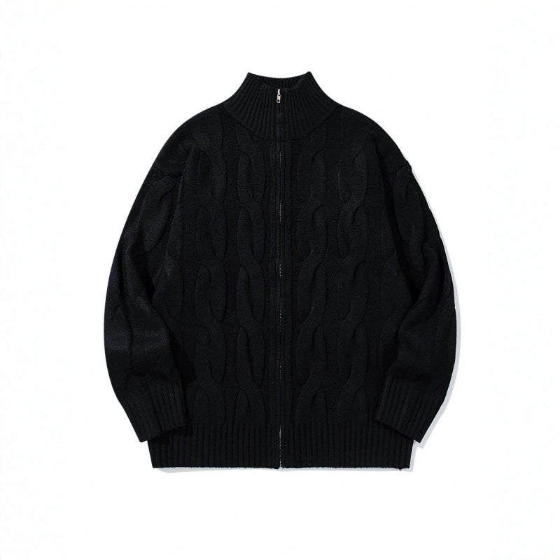 Unisex Grobgestrickter Reißverschluss-Cardigan mit Zopfmuster und hohem Rippkragen Shop Nory