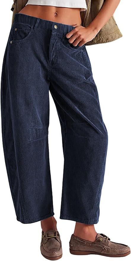 Damen Weite Cordhose mit hoher Taille, Cropped-Bein und Eingriffstaschen Shop Nory