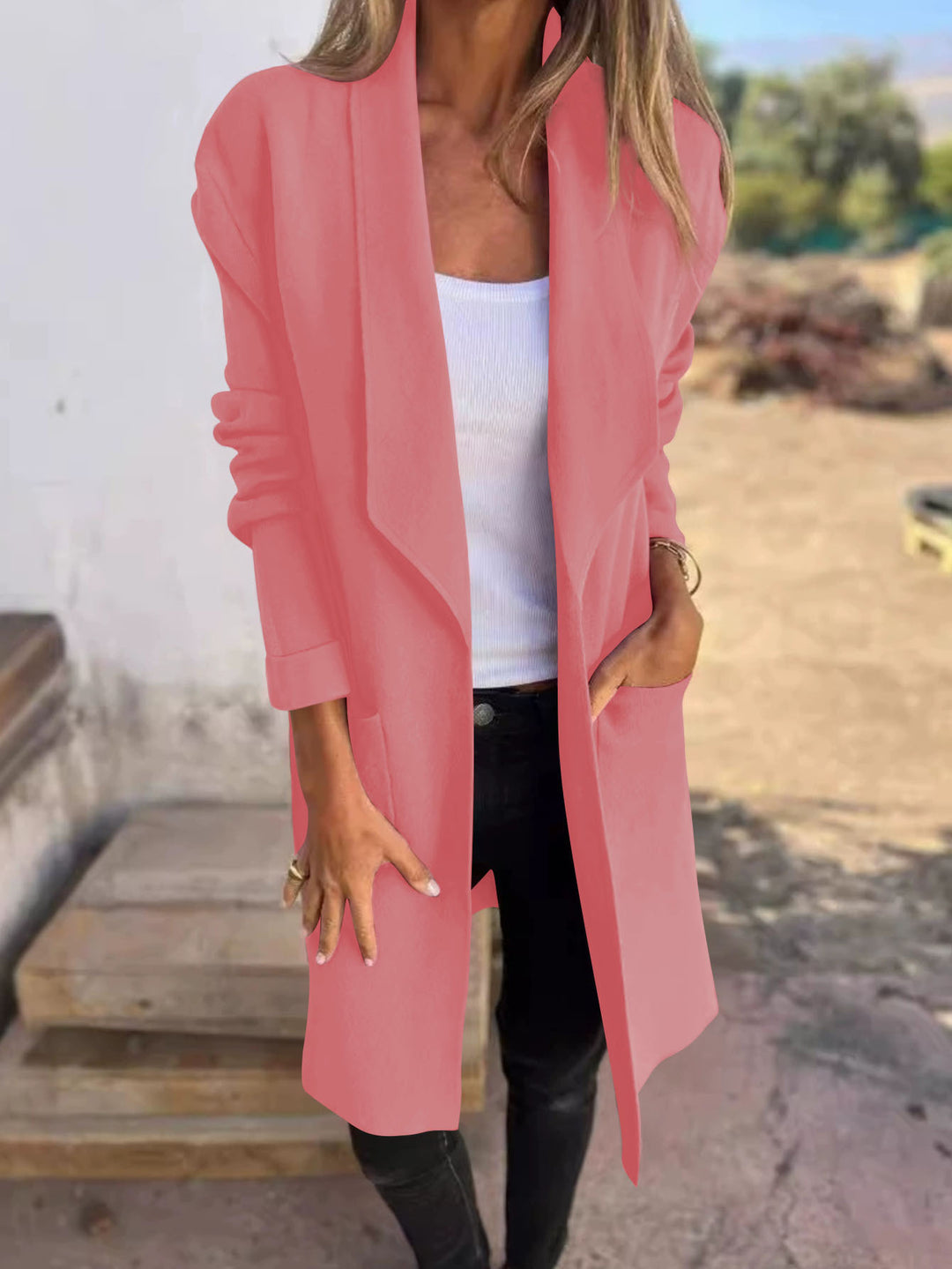Damen Longline Blazer mit Schalkragen, offenem Schnitt und aufgesetzten Taschen Shop Nory
