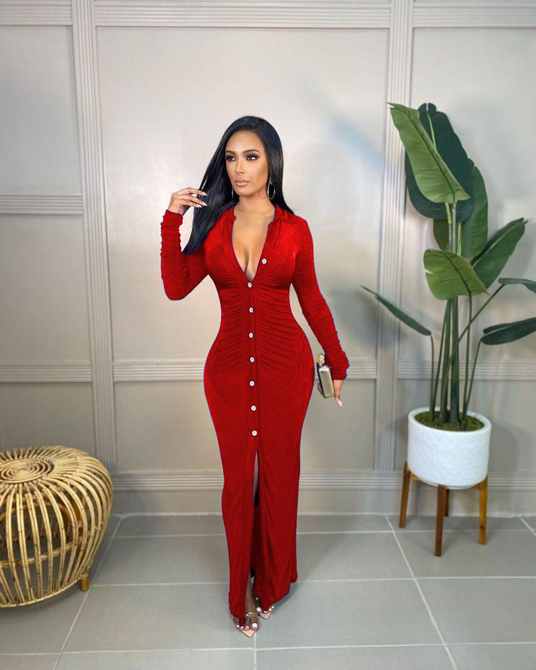 Damen Figurbetontes Maxikleid mit Knopfleiste, Raffung und tiefem V-Ausschnitt Shop Nory