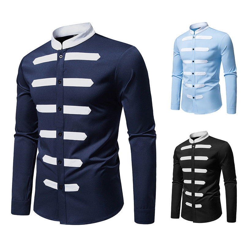 Herren Slim-Fit Hemd mit Stehkragen und dekorativen Paspelstreifen Shop Nory