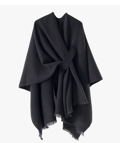 Damen leichter Wollmix-Überwurf mit Fransen und Bindegürtel Shop Nory