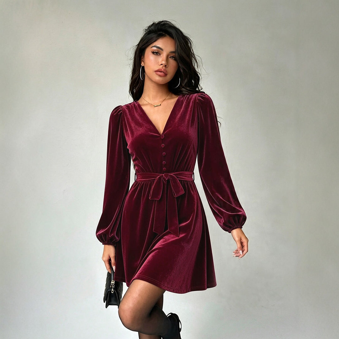 Damen elegantes Samt-Minikleid mit V-Ausschnitt Knopfleiste Ballonärmeln und Taillengürtel Shop Nory