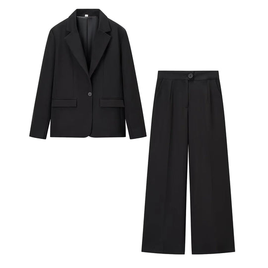 Damen elegantes Anzug-Set mit tailliertem Blazer und weit geschnittenen Hosen