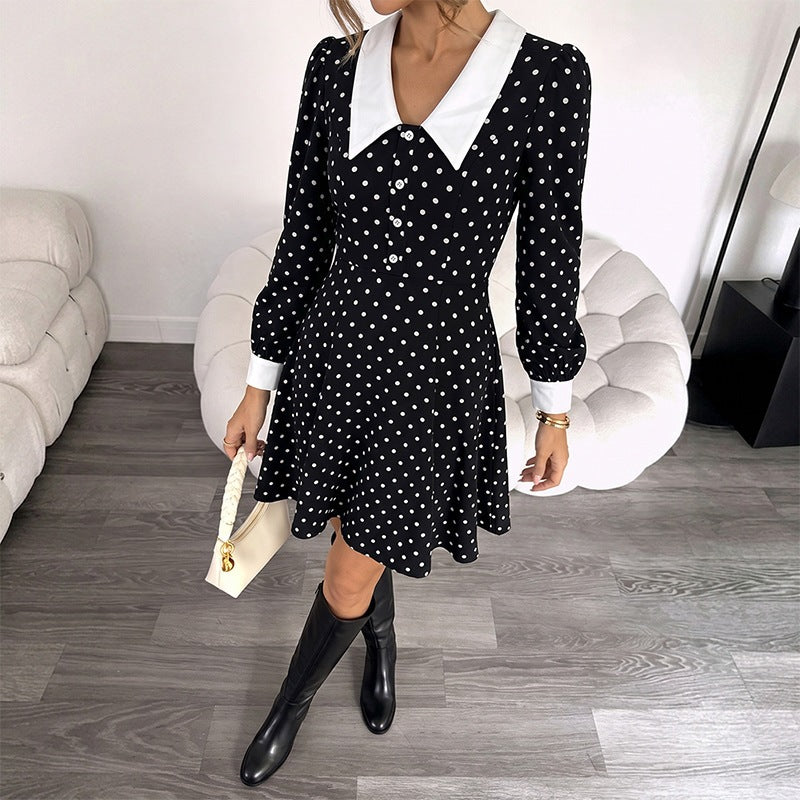 Damen Tailliertes A-Linien Minikleid mit Polka‑Dot, spitzem Kontrastkragen und Manschetten Shop Nory