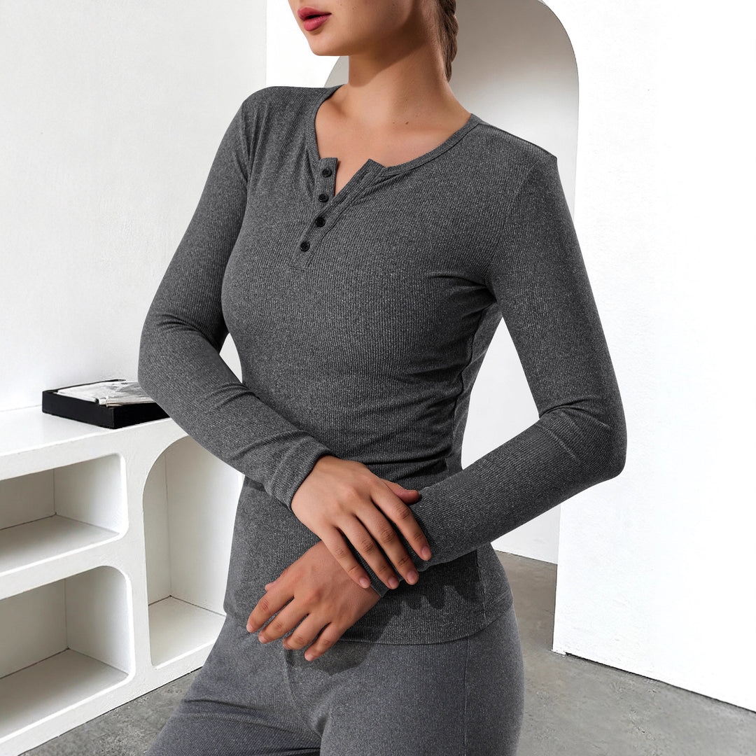 Damen Geripptes Henley-Langarmshirt mit Knopfleiste und figurnahem Schnitt Shopy Nory