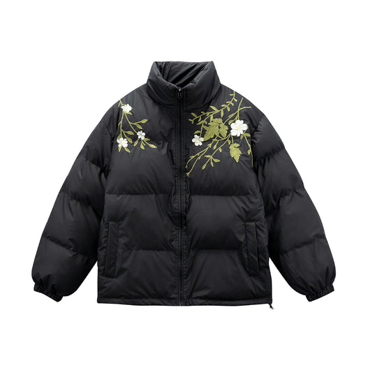 Damen Gepolsterte Oversize-Steppjacke mit Stehkragen und Blumenstickerei Shop Nory