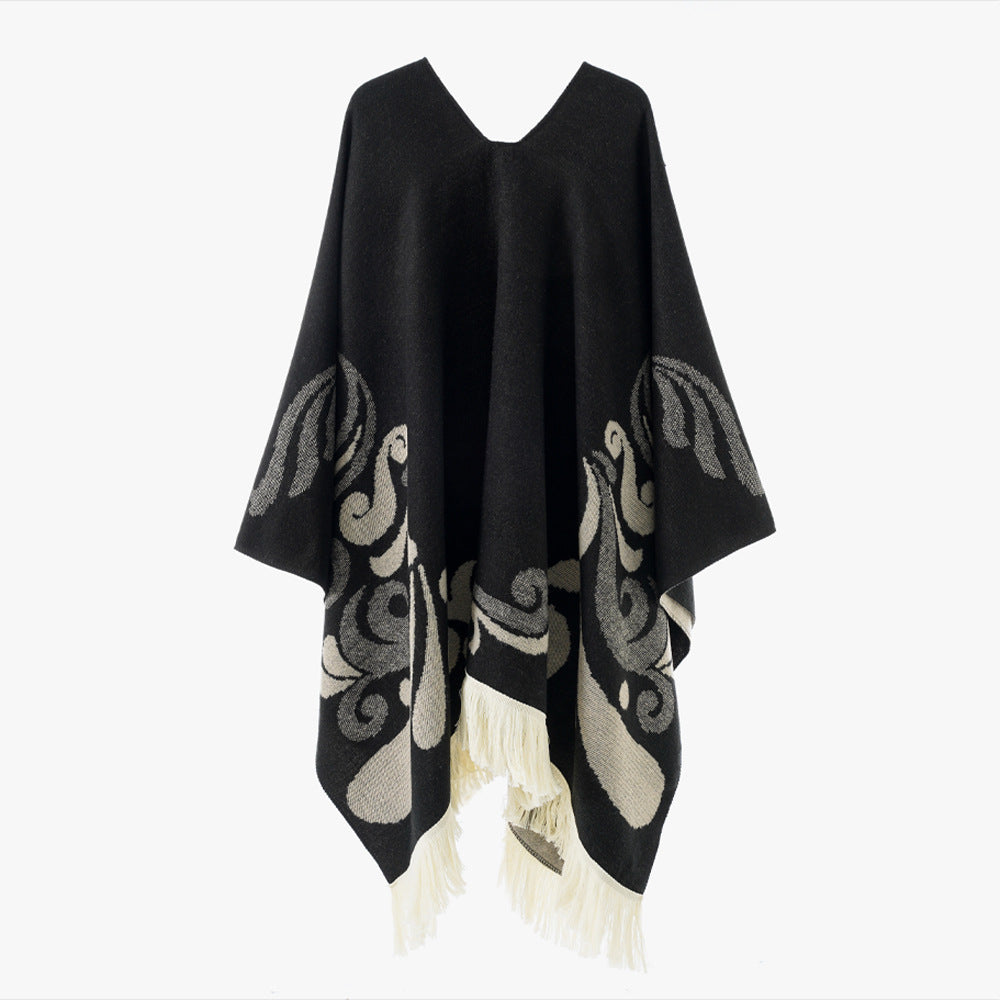 Damen Wollmix-Poncho im Umhangstil mit V-Ausschnitt, kontrastierendem Ornament-Jacquard und Fransen Shop Nory
