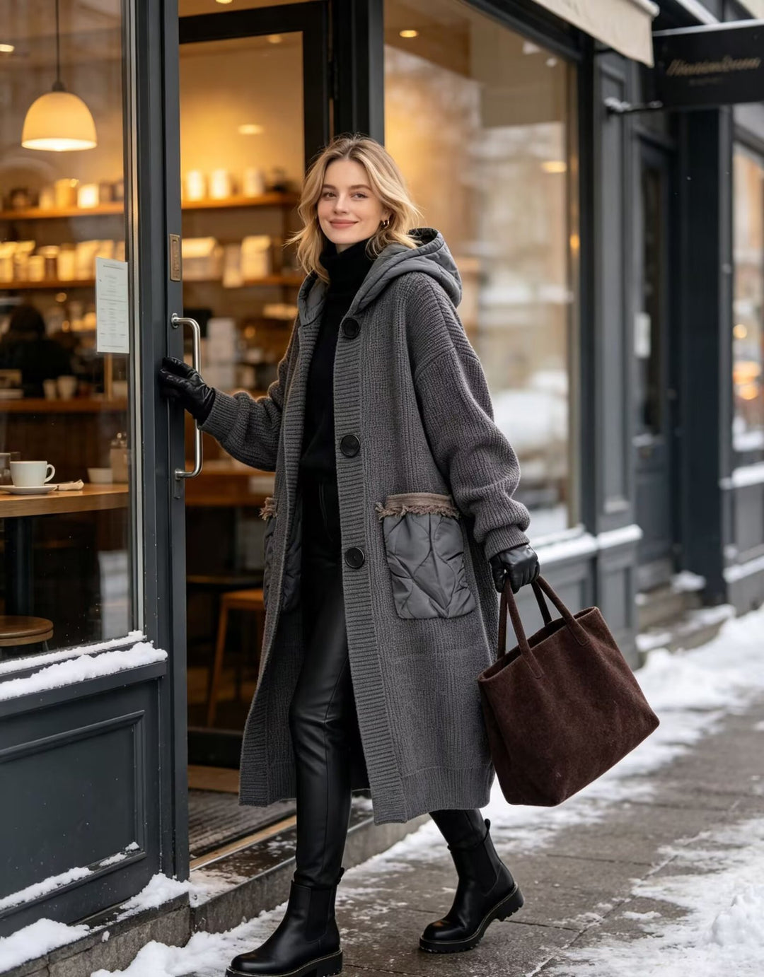 Damen Langer Oversize-Strickmantel mit gesteppter Kapuze und aufgesetzten Stepp-Taschen Shop Nory