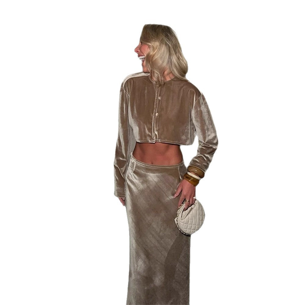 Damen Samt-Cropped-Set mit geknöpftem Kurzcardigan & tailliertem Midirock Shop Nory