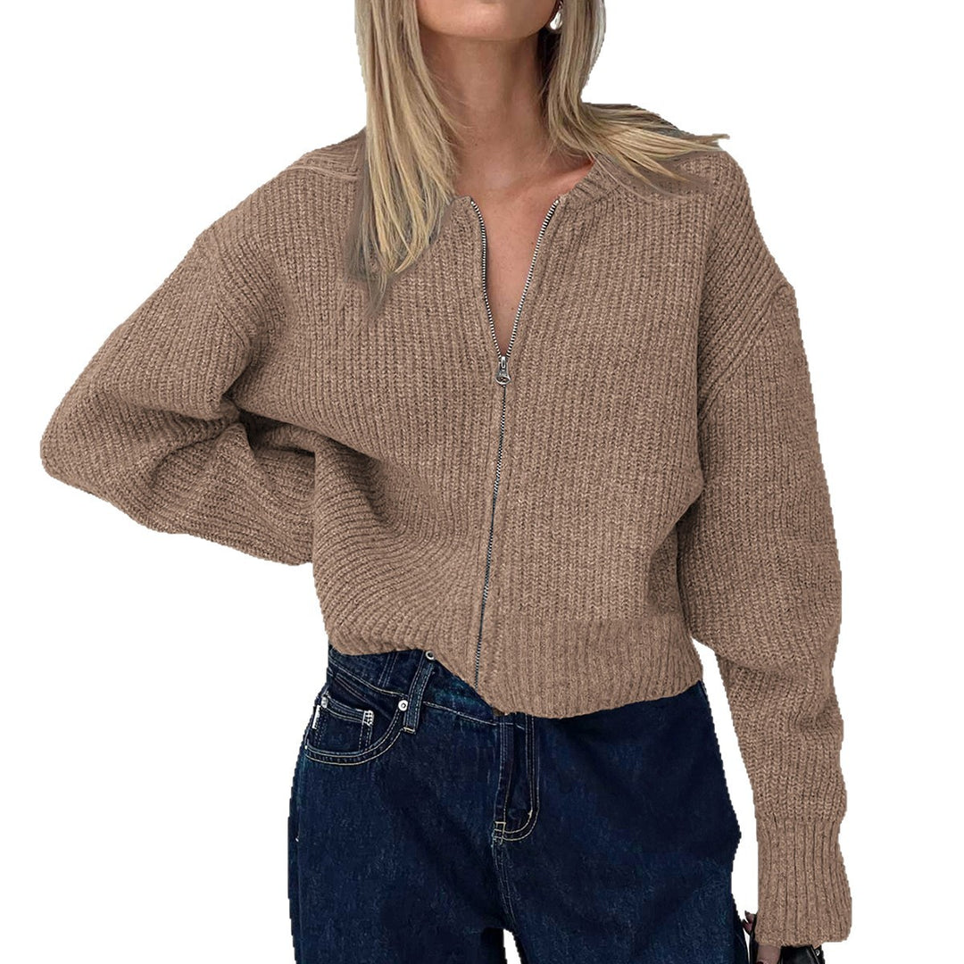 Damen nan kurzes Zip-Strickoberteil mit geripptem Saum, überschnittener Schulter und weichem Wollmix Shop Nory