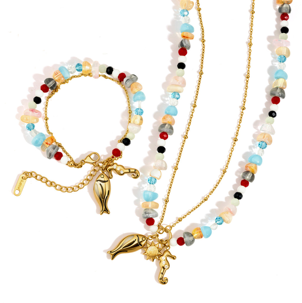 Damen Halskette mit farbenfrohen Perlen und braunem Seepferdchen-Anhänger Shop Nory