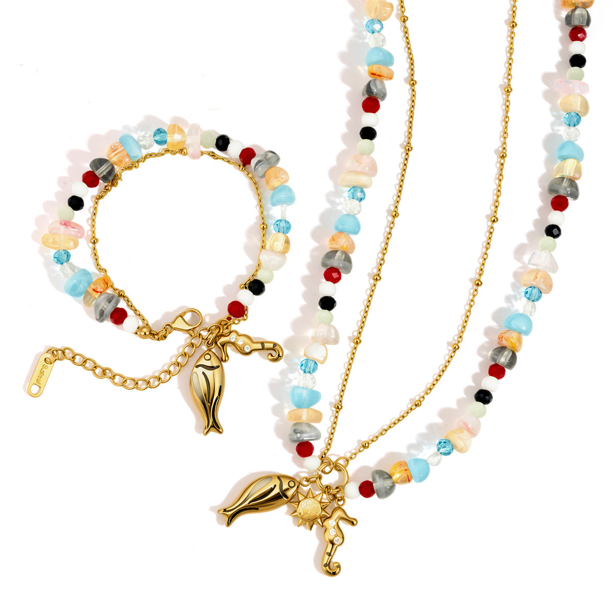 Damen Halskette mit farbenfrohen Perlen und braunem Seepferdchen-Anhänger Shop Nory