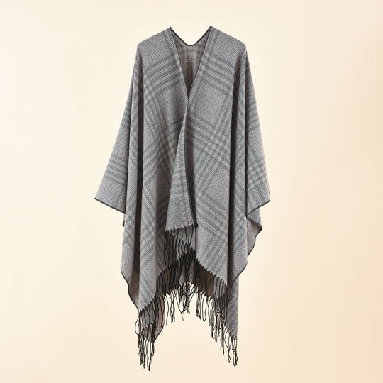Damen Ruana-Poncho mit V‑Ausschnitt, kastigem Kimono-Fall und Fransensaum Shop Nory