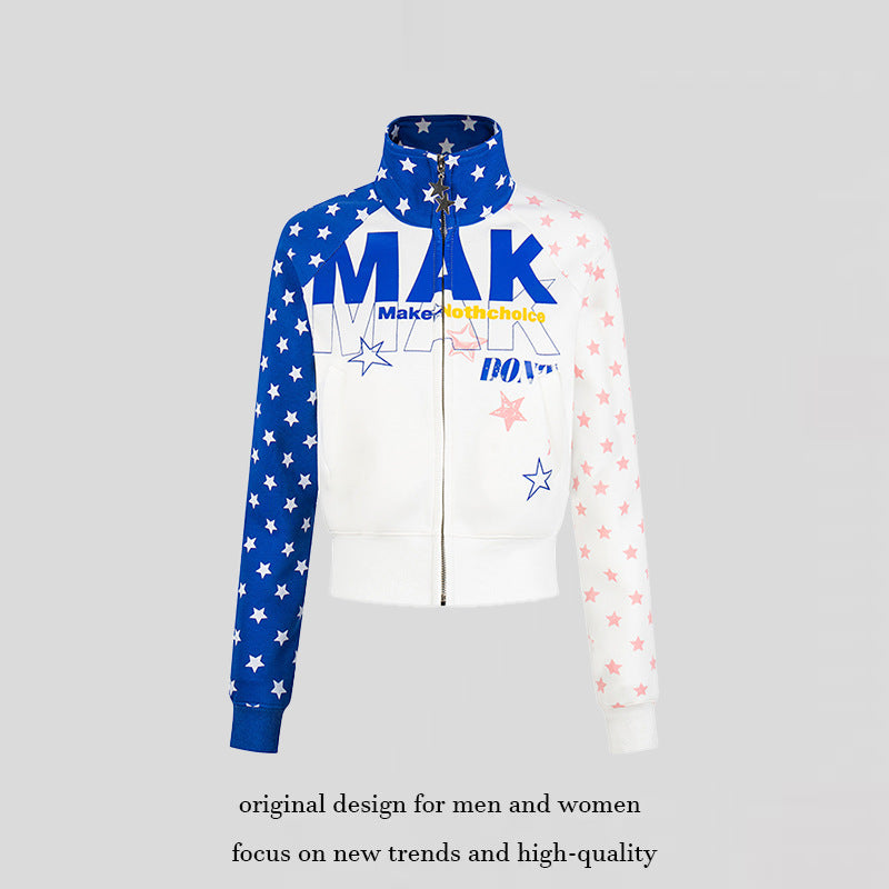 Damen Kurz geschnittene Zip‑Up Sweatjacke mit Stehkragen, Sternprint und Raglanärmeln Shop Nory