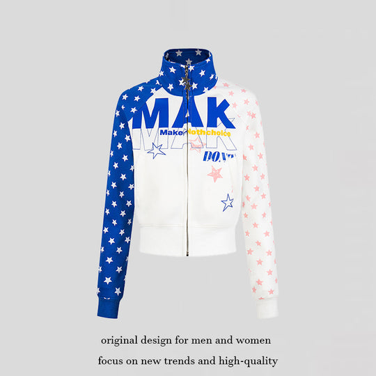 Damen Kurz geschnittene Zip‑Up Sweatjacke mit Stehkragen, Sternprint und Raglanärmeln Shop Nory