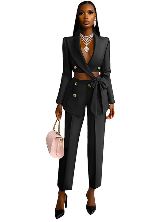 Damen Taillierter Crop-Blazer mit Zierschleife, Doppelreiher und Hochtaillierter Hose Shop Nory
