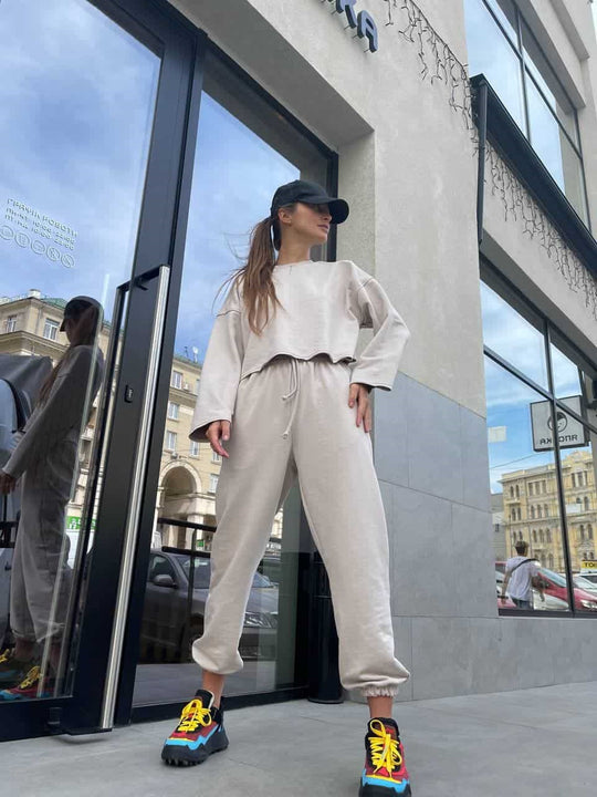 Damen lässiges Oversize-Lounge-Set mit weitem Crewneck-Sweater und elastischer Kordelbund-Jogginghose Shop Nory