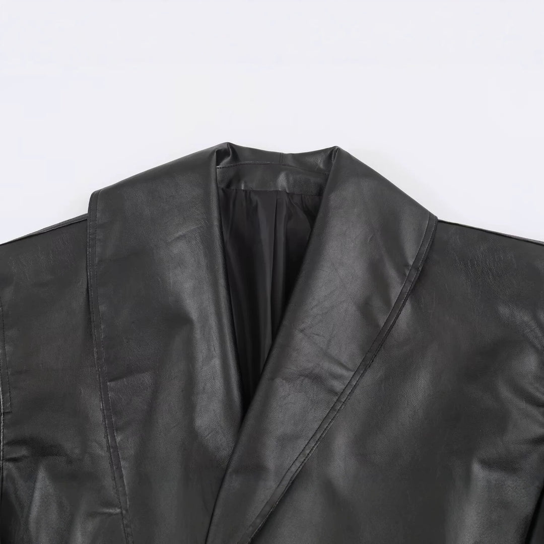 Damen Kurze Oversize-Lederoptikjacke mit weitem Schalkragen und Gürtel Shop Nory