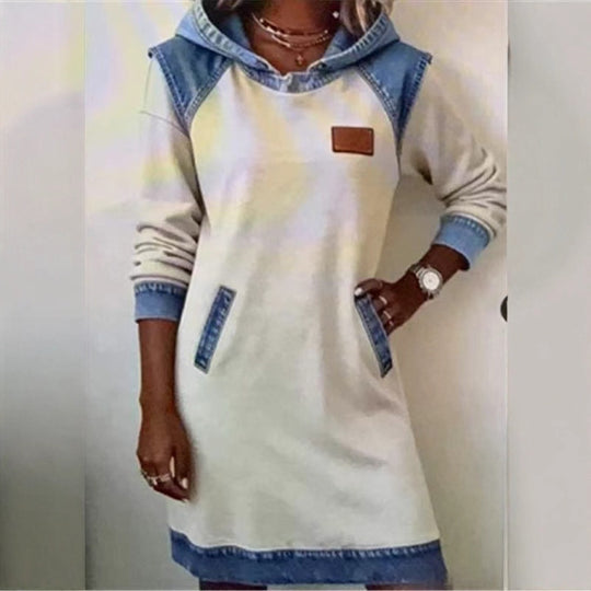 Damen nan Kapuzen-Sweatkleid mit Jeans-Applikationen, Kängurutaschen und lässigem Schnitt Shop Nory
