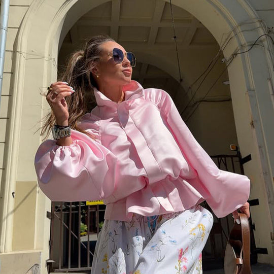 Damen Satin-Blusenjacke mit voluminösen Ballonärmeln, Stehkragen und taillierter Blende Shop Nory