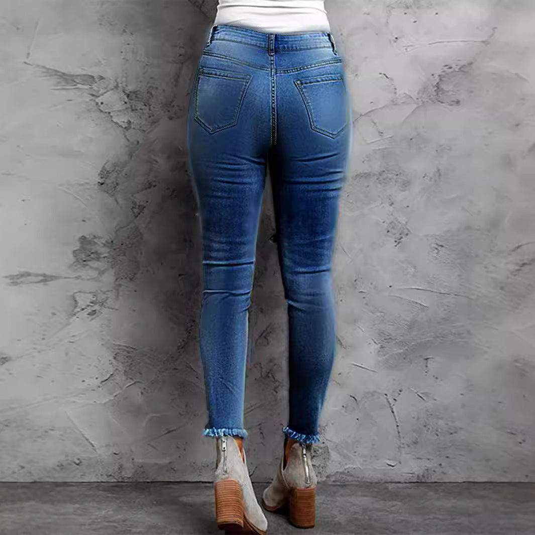 Damen Stretch-Skinny-Jeans mit High-Waist, Knie-Ripped-Details und Leo-Unterlage Shop Nory
