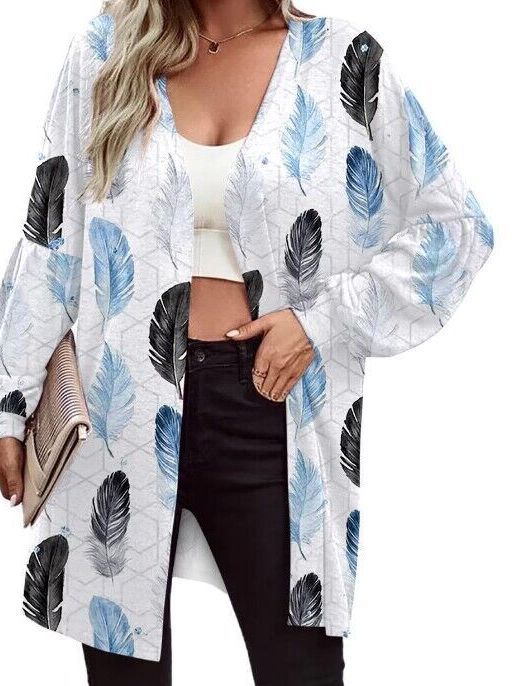 Damen Leichter Offener Longcardigan mit Federmotiv und Oversize-Ärmeln Shop Nory