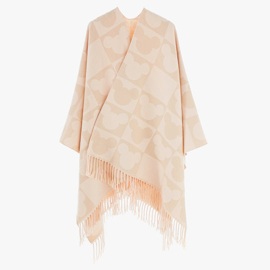 Damen Jacquard‑Überwurfponcho mit figurativem Kopf‑Silhouetten‑Muster, Fransen und offenem Fall Shop Nory