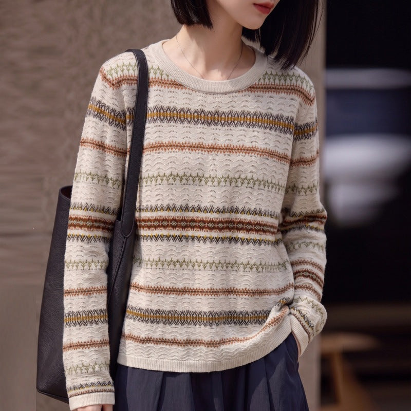 Damen Leichter Fair‑Isle Feinstrickpullover mit Rundhalsausschnitt und feiner Streifenstruktur Shop Nory