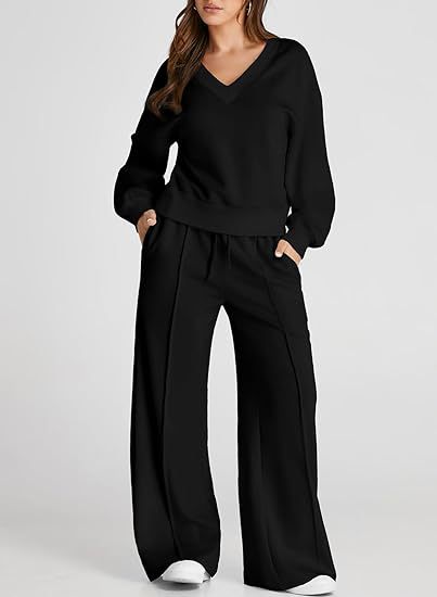 Damen Lässiges V-Ausschnitt Freizeit-Set mit weiter Jogginghose Shop Nory