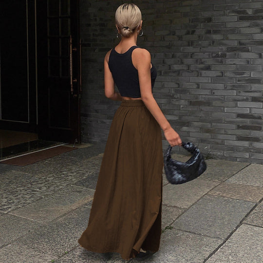 Damen Langer A-Linien Maxirock mit asymmetrischer Wickelblende und Faltenlegung Shop Nory