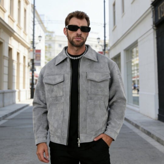 Herren nan oversized Velourslederjacke mit Reißverschluss, Hemdkragen und aufgesetzten Pattentaschen Shop Nory