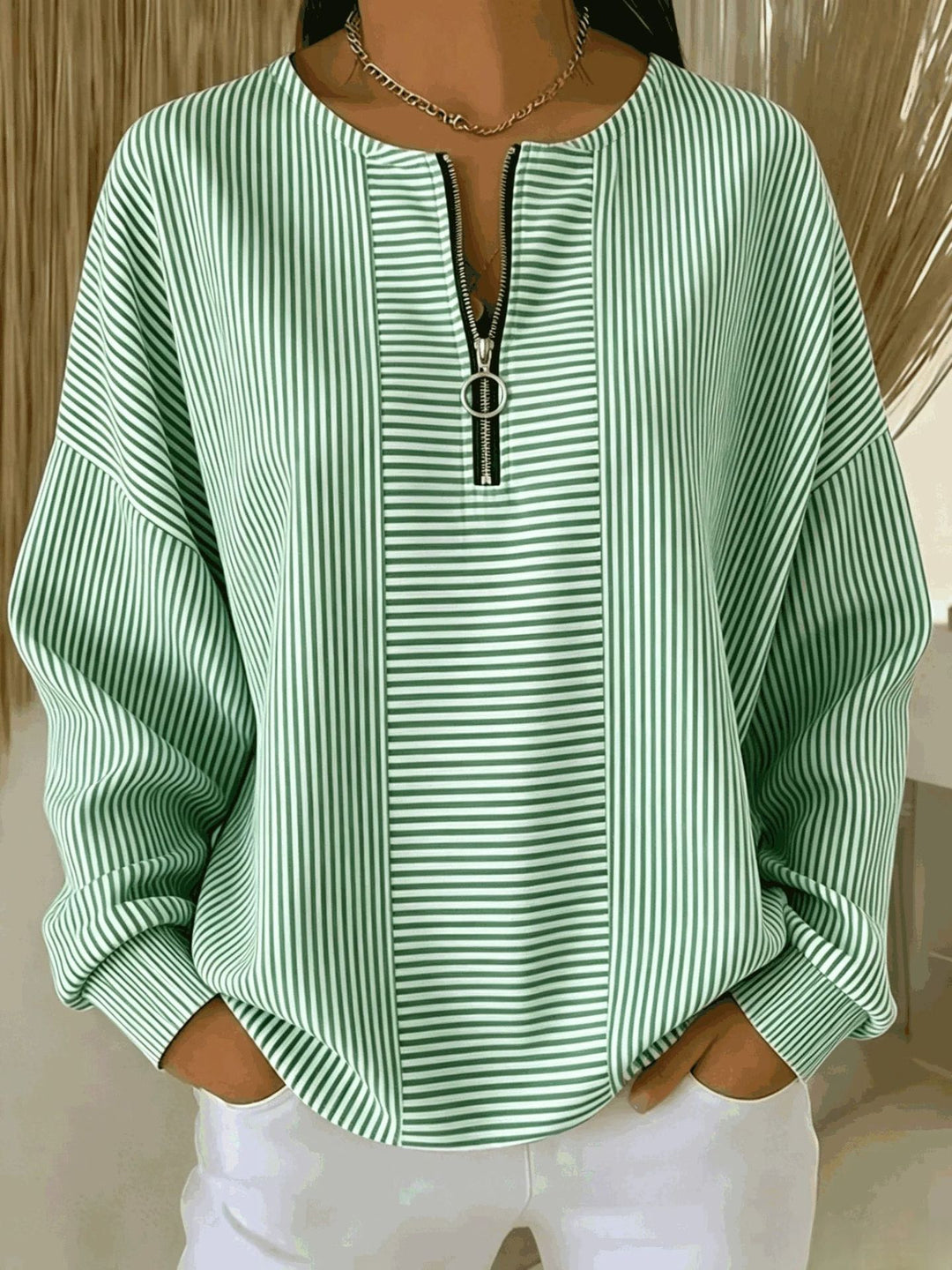 Damen Oversize Pullover mit feiner Rippstruktur und kurzem Zipper Shop Nory
