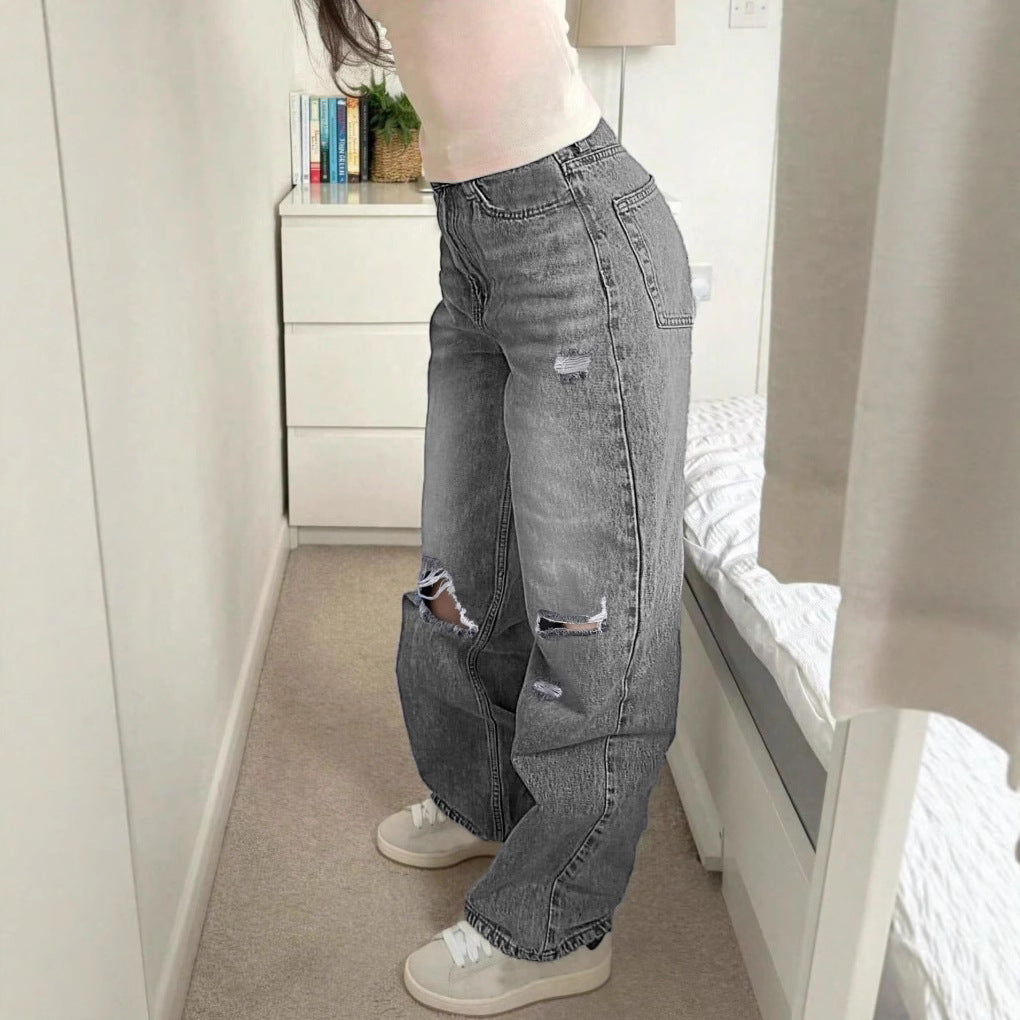 Damen Hochtaillierte weite Destroyed-Jeans mit geradem Bein Shop Nory
