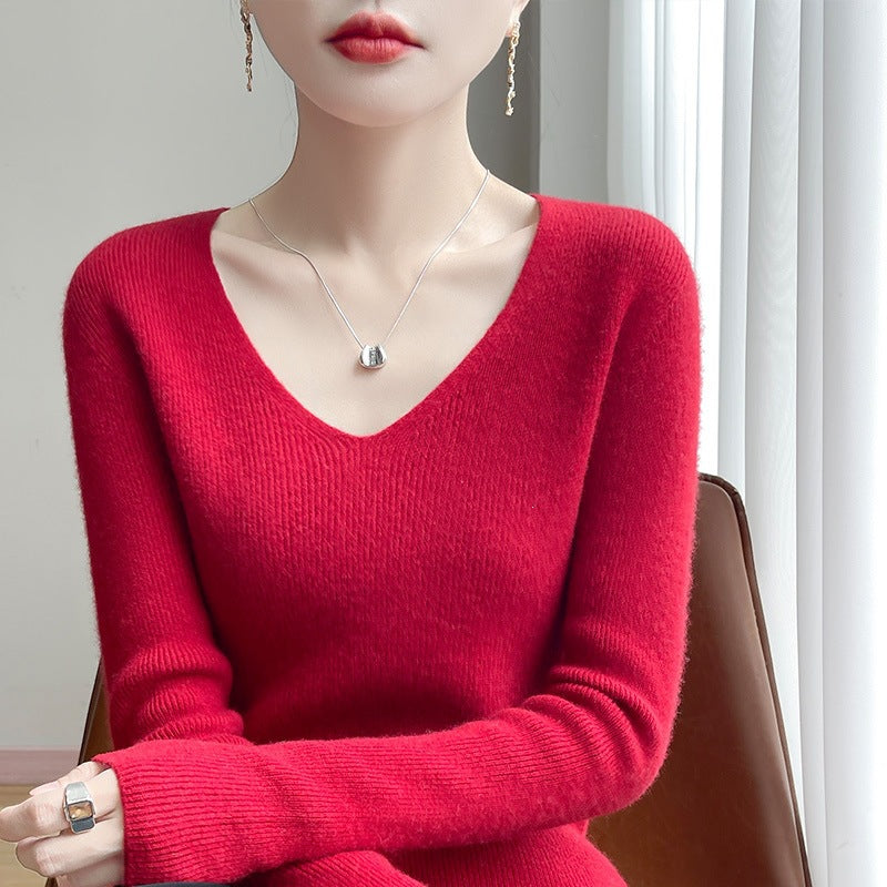 Damen Schmal geschnittener V‑Ausschnitt-Feinstrickpullover mit feiner Rippenstruktur und weicher Haptik Shop Nory