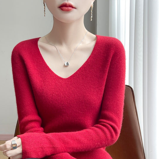 Damen Schmal geschnittener V‑Ausschnitt-Feinstrickpullover mit feiner Rippenstruktur und weicher Haptik Shop Nory