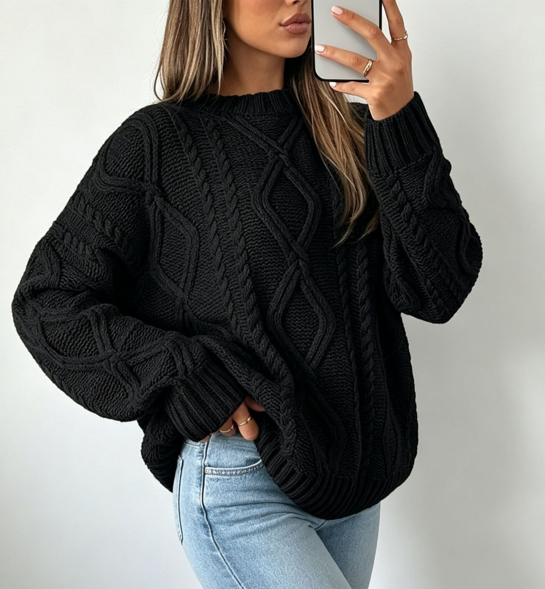 Damen Oversize Flechtstrick-Pullover mit Zopfmuster und Rundhals Shop Nory