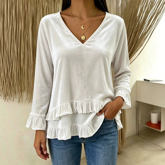 Damen Samt-Tunika mit V-Ausschnitt, Stufenvolants und gerafften Ärmeln Shop Nory